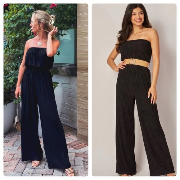 Iris black strapless pleated wide leg jumpsuit size medium - Picture 1 of 6